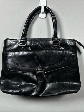 Genuine leather Women's Black Leather Satchel with Front Flap and Buckle